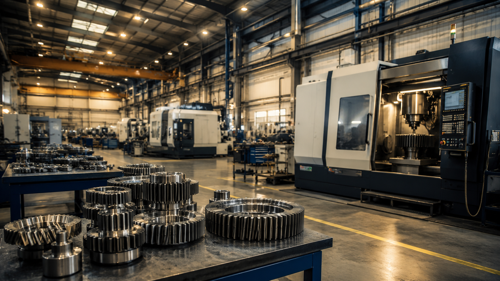Industrial gear manufacturing facility with CNC machines and precision gears