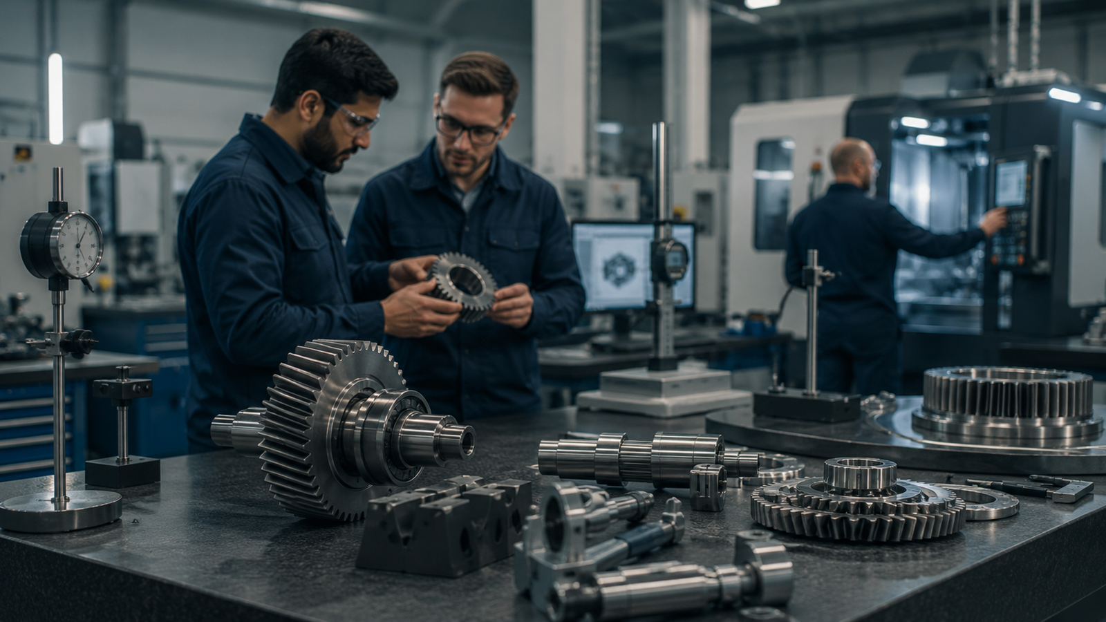Workshop quality inspection table with engineers reviewing machined gears